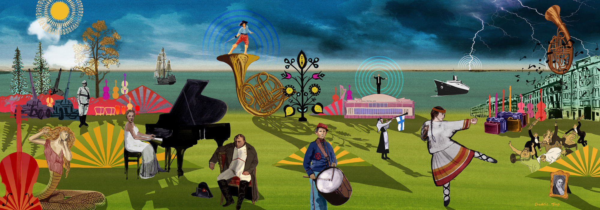An artwork green landscape with a dark stormy sky above and a sea behind it as a radiating sun casts long shadows on various elements, including a sad Napoleon, Florence Price playing the piano, Shostakovich in an air warden uniform, a woman in traditional Slavic dress dancing, a steamboat, a stadning drummer in uniform, the Royal Festival Hall with a conductor standing on top, the mythical snake woman Lamia, a french horn, a woman blowing a horn with the Finnish flag hanging off of it, a portrait of Beethoven, and mountains dotted throughout.. 