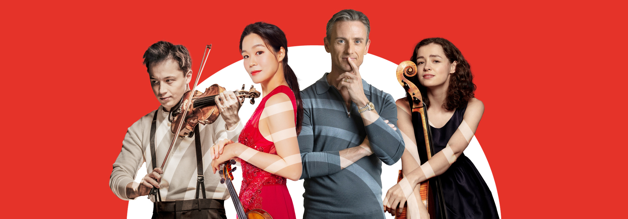 A red banner with a white semi circle. Overlaid are 4 people, left to right: Johan Dalene, Esther Yoo, Alexander Shelley and Anastasia Kobekina