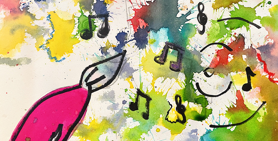 An artwork image of watercolour art, with yellow, green, pink, red and blue splashes. There are musical notes on top of the design