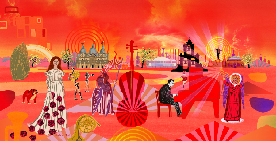 An artwork image showing an orange landscape with a pianist, and angel playing a trumpet, a woman in a rose-covered dress, a bulldog, a Wagnerian Valkyrie, the Royal Festival Hall and Royal Albert Hall, a cello, skeletons playing french horns, a structure with large hanging bells and Vasily Petrenko conducting on a hill. 