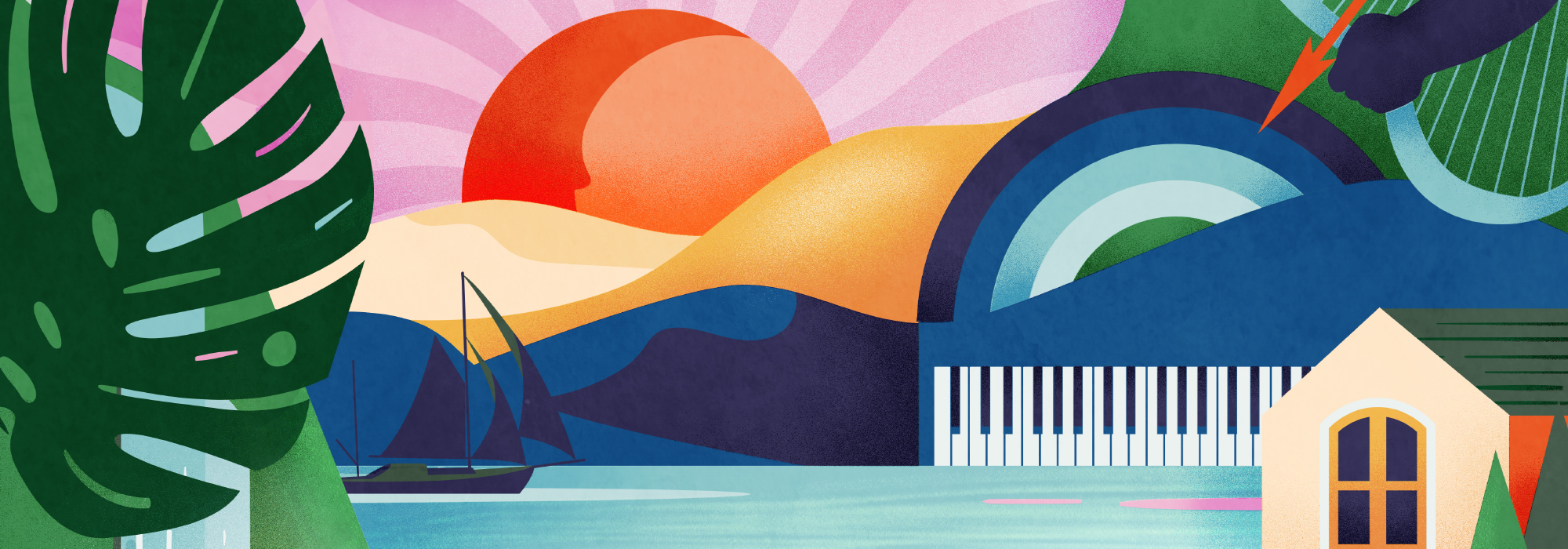 An artwork image showing a leaf, the sun a piano keyboard, a house and a boat on the water
