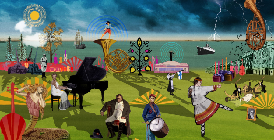 An artwork green landscape with a dark stormy sky above and a sea behind it as a radiating sun casts long shadows on various elements, including a sad Napoleon, Florence Price playing the piano, Shostakovich in an air warden uniform, a woman in traditional Slavic dress dancing, a steamboat, a stadning drummer in uniform, the Royal Festival Hall with a conductor standing on top, the mythical snake woman Lamia, a french horn, a woman blowing a horn with the Finnish flag hanging off of it, a portrait of Beethoven, and mountains dotted throughout.. 