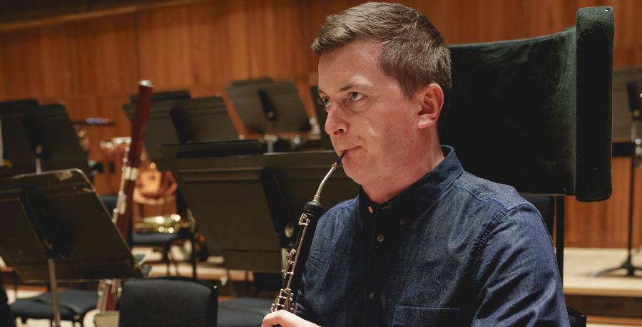 RPO Player Patrick Flanaghan playing the cor anglais in rehearsal.