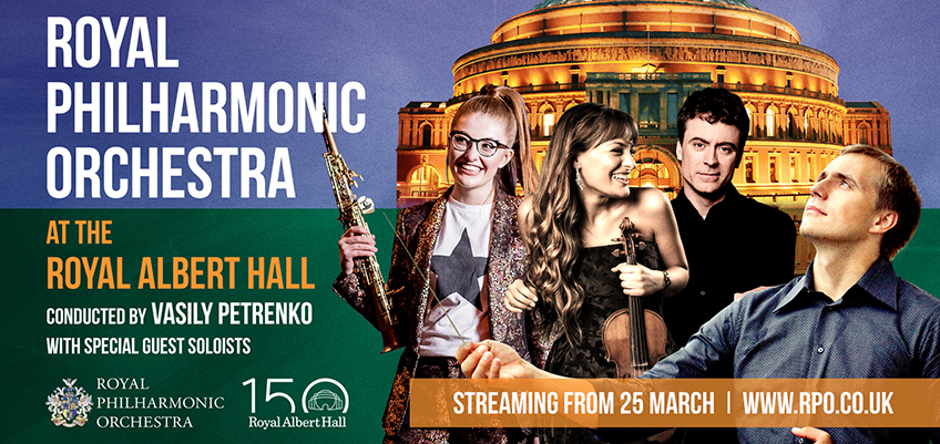 An image of the Royal Albert Hall with Vasily Petrenko, Jess Gillam, Nicola Benedetti and Paul Lewis overlaid