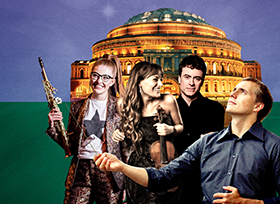 An image of the Royal Albert Hall with Vasily Petrenko, Jess Gillam, Nicola Benedetti and Paul Lewis overlaid
