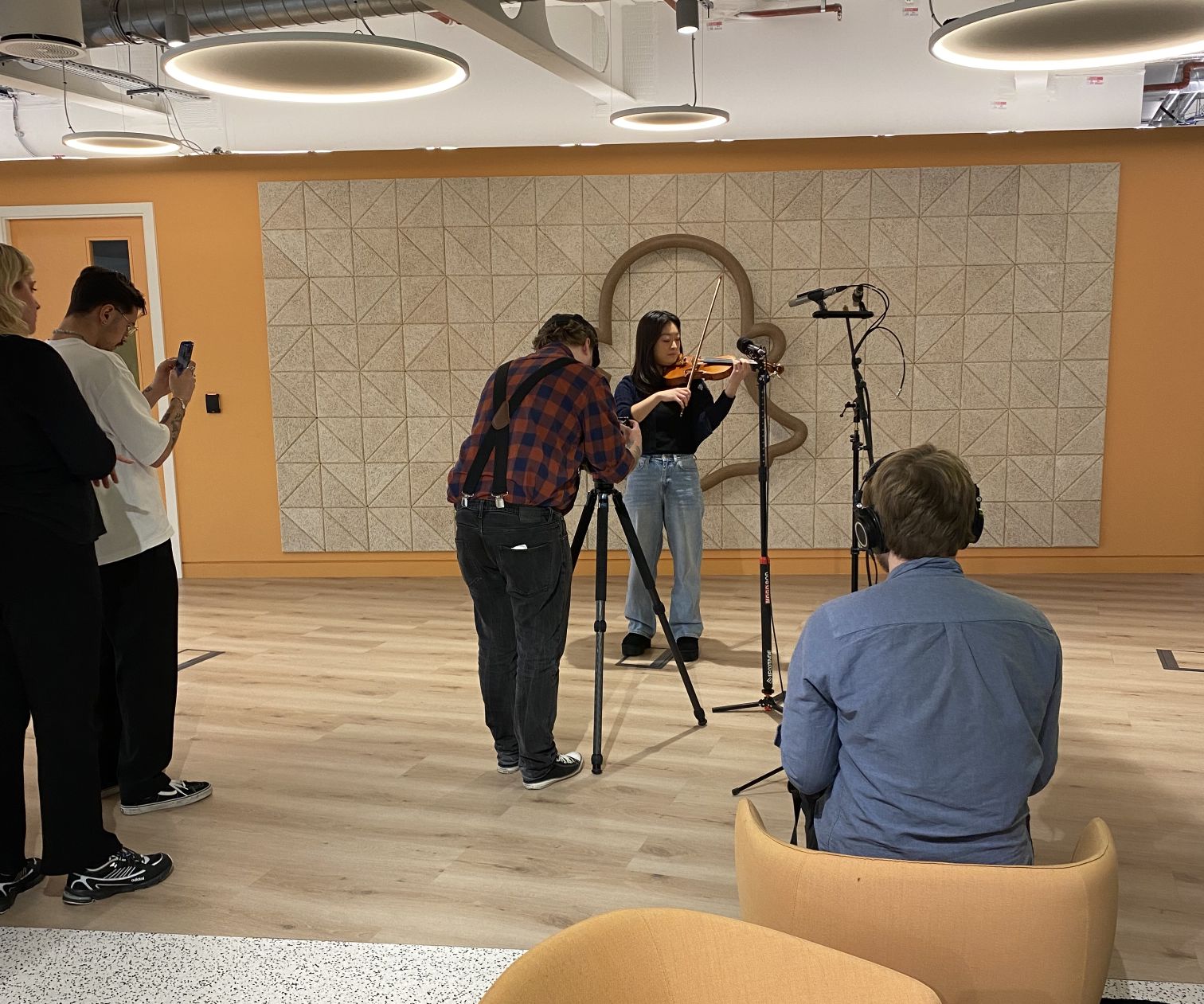 Esther Kim, RPO violin, filming at the Snapchat offices in London.