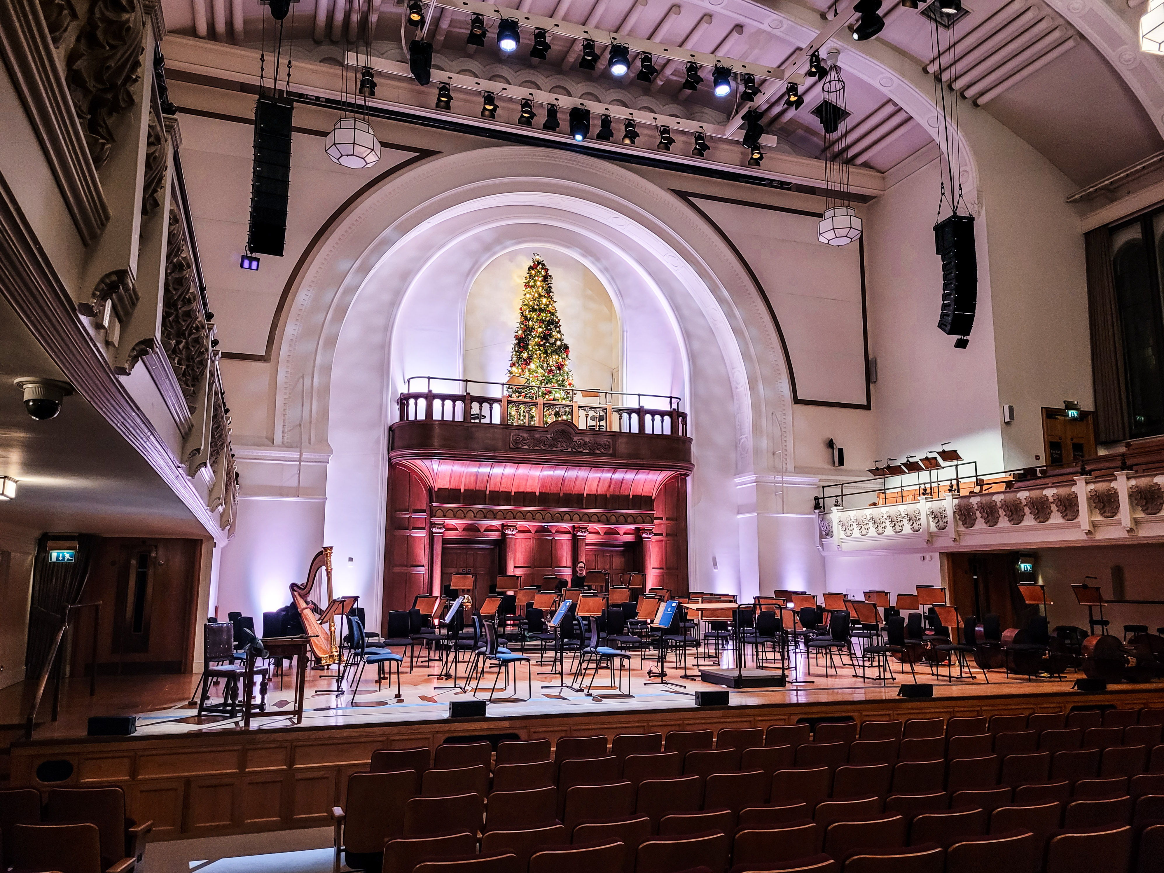 Cadogan Hall stage with Christmas tree