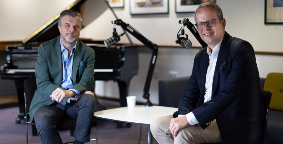 Petroc Trelawny and Michael Hayman sat down and posing for the camera at Southbank Centre