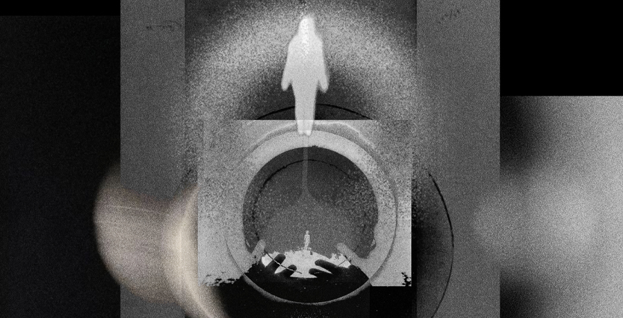 A still from the film accompanying Shostakovich's Symphony No.7, with a floating ethereal figure overlaid on grey, grainy square and circle shapes, with a silhoutted pair of hands at the bottom