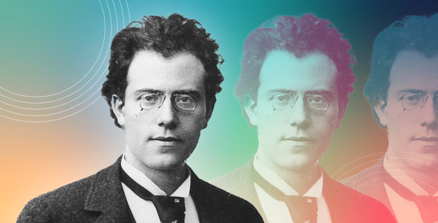 A graphic featuring a portrait photo of Gustav Mahler