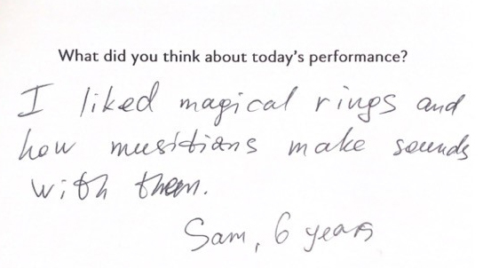 Reads: “I liked magical rings and how musicians make sounds with them.” Sam, 6 years. 