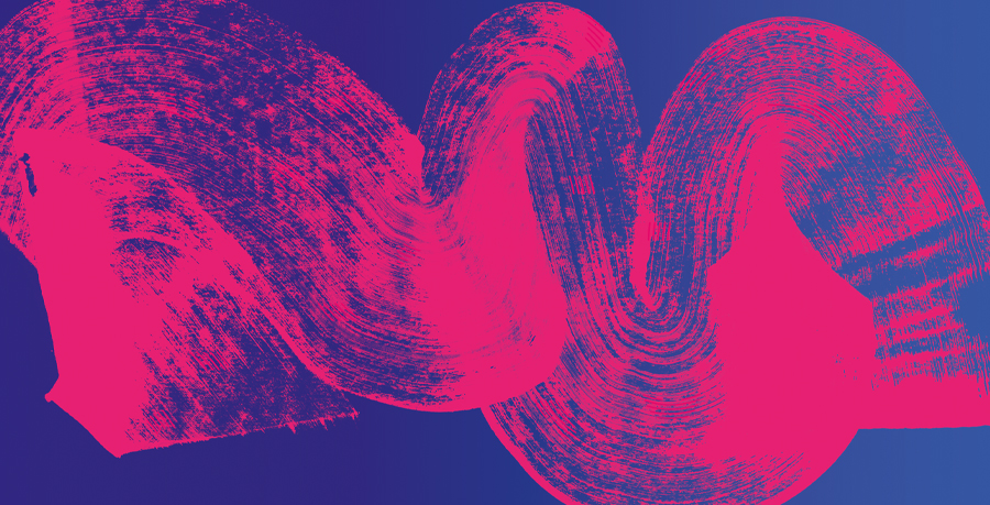 Curved pink brushstrokes on a blue background