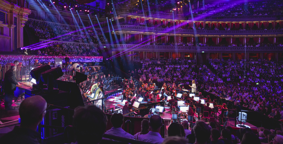 A wide shot of the RPO performing on stage at the Royal Albert Hall