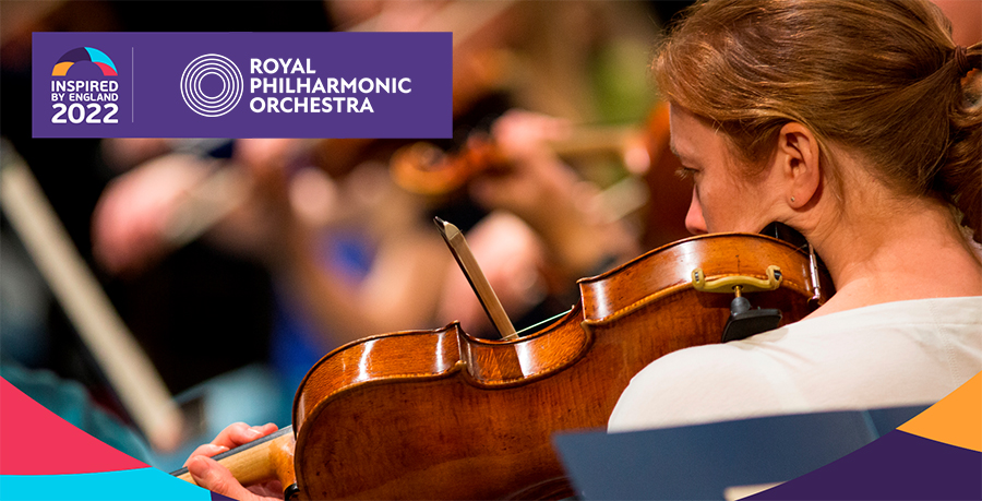 An image of a violinst with a banner overlaid and Inspired By England and RPO logo