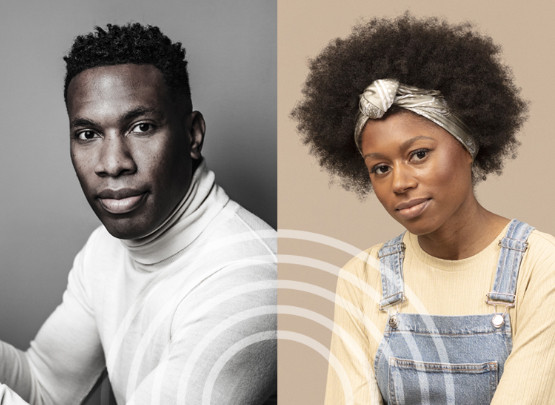 Portrait photos of Roderick Cox and Isata Kanneh-Mason with 5 faint white circles overlaid