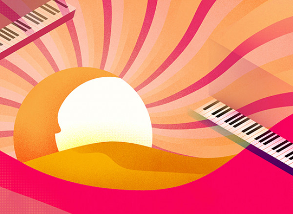 An artwork image showing the sun and hills with orange, pink and yellow colours