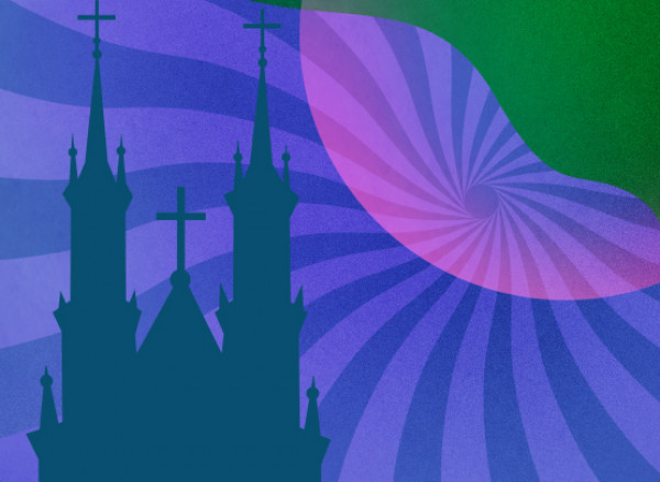 An artwork image showing a cathedral on top of a wavy circle design with green, purple and blue colours
