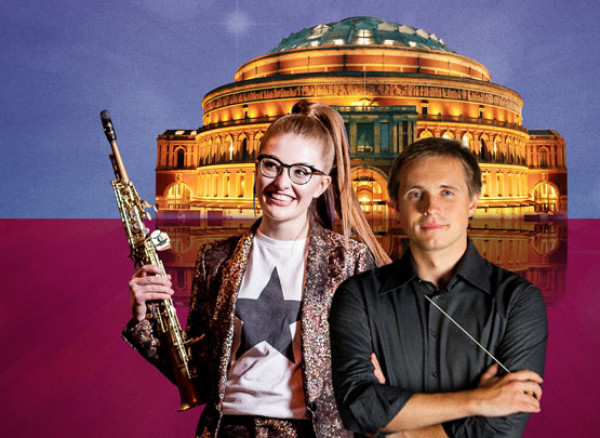 An image of Jess Gillam and Vasily Petrenko at the Royal Albert Hall