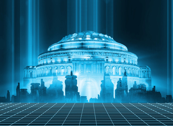 An image of the Royal Albert Hall in 80s style computer graphics. The colours are blue.