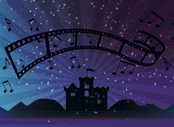 An artwork image depicting a silhouette of a castle, hills and a camera film reel above. The background shows stars.