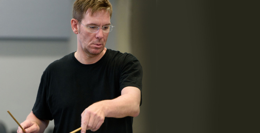 RPO Player Martin Owens playing percussion in rehearsal.