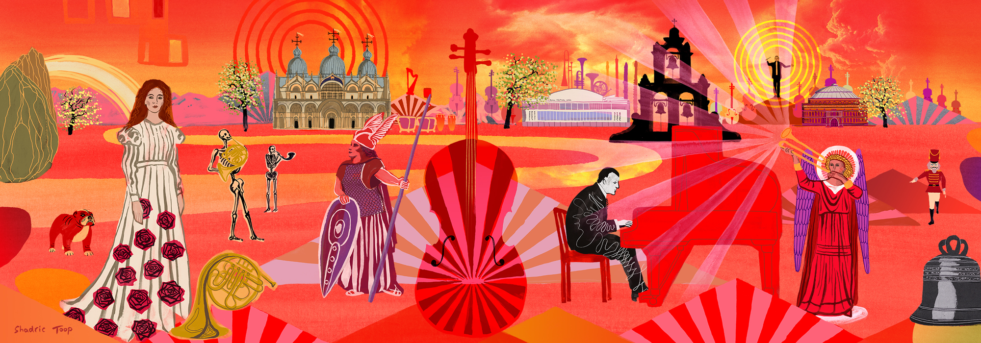An artwork image showing an orange landscape with a pianist, and angel playing a trumpet, a woman in a rose-covered dress, a bulldog, a Wagnerian Valkyrie, the Royal Festival Hall and Royal Albert Hall, a cello, skeletons playing french horns, a structure with large hanging bells and Vasily Petrenko conducting on a hill. 