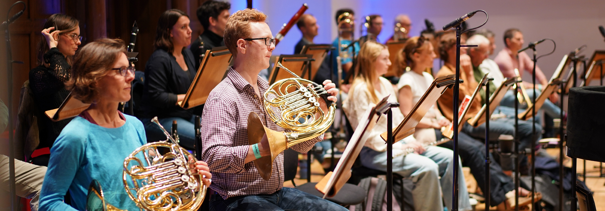 RPO horn players at a recording session at Cadogan Hall