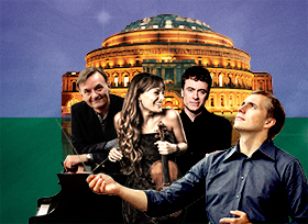 An image of the Royal Albert Hall with Vasily Petrenko, Jess Gillam, Nicola Benedetti and Paul Lewis overlaid