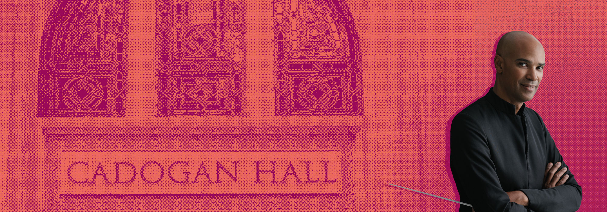 Conductor Kevin John Eduseu in front of a photo of the entrance to Cadogan Hall with a red filter overlaid
