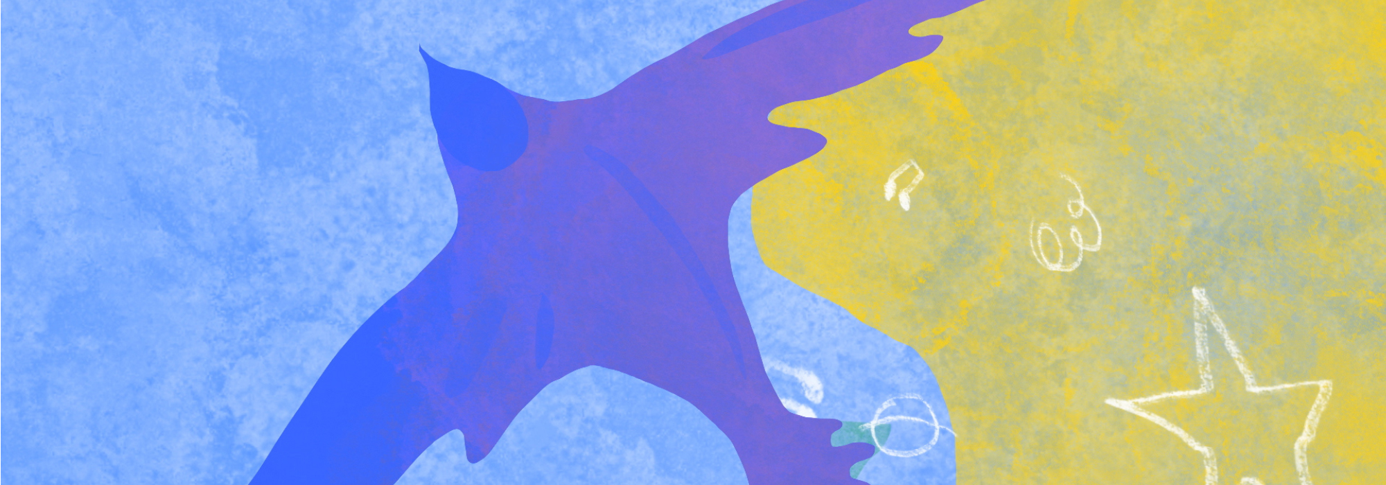 artwork of a purple bird on a blue and yellow background