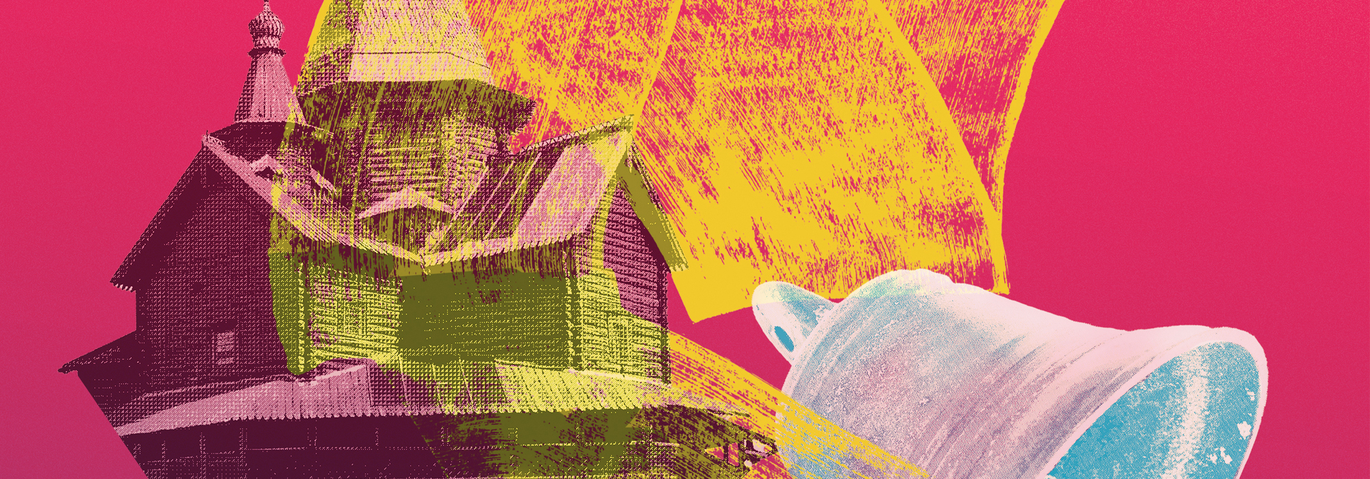 colourful artwork of an Orthodox church, a bell, and a yellow paintbrush stroke