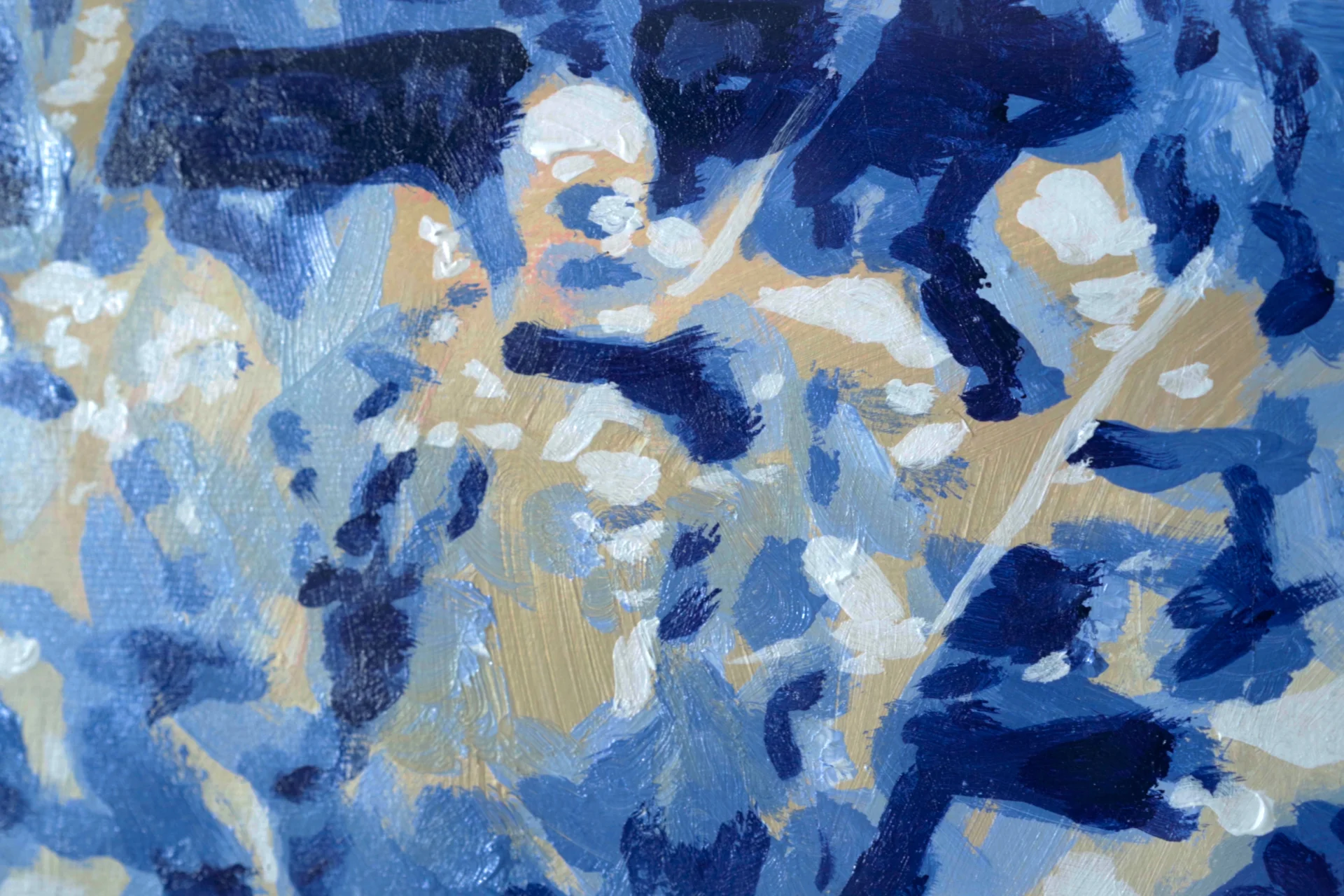 A close-up of a blue and yellow painting with abstract violnists