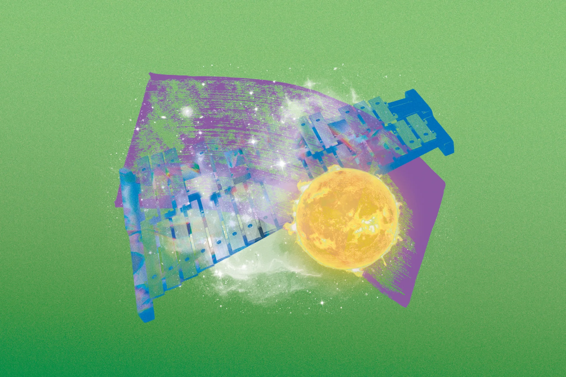 Purple brushstroke, blue keyboard and yellow sun illustration on green background