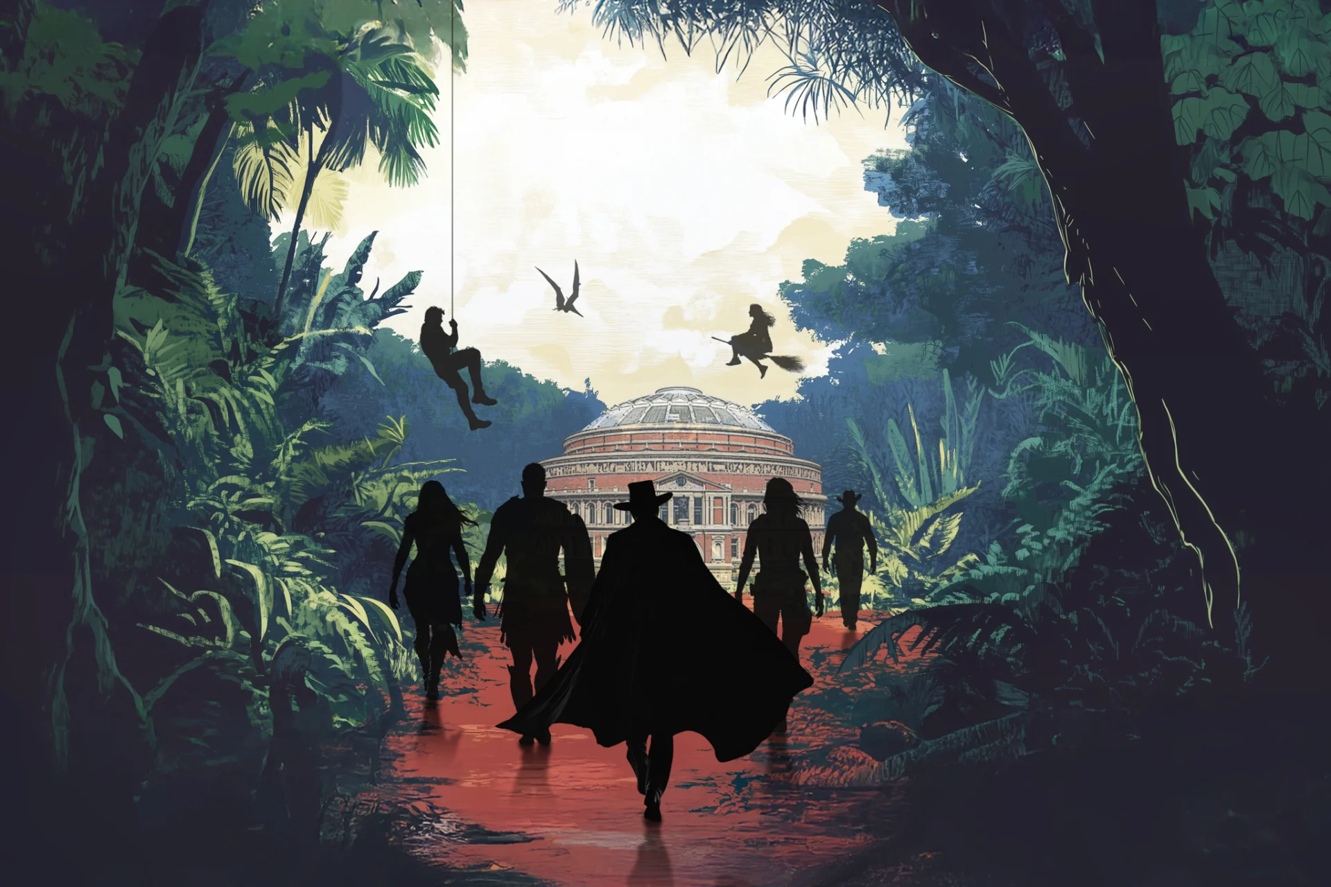 Artwork of people from behind, depicting well-known action and adventure film icons, walking towards the Royal Albert Hall and surrounded by jungle