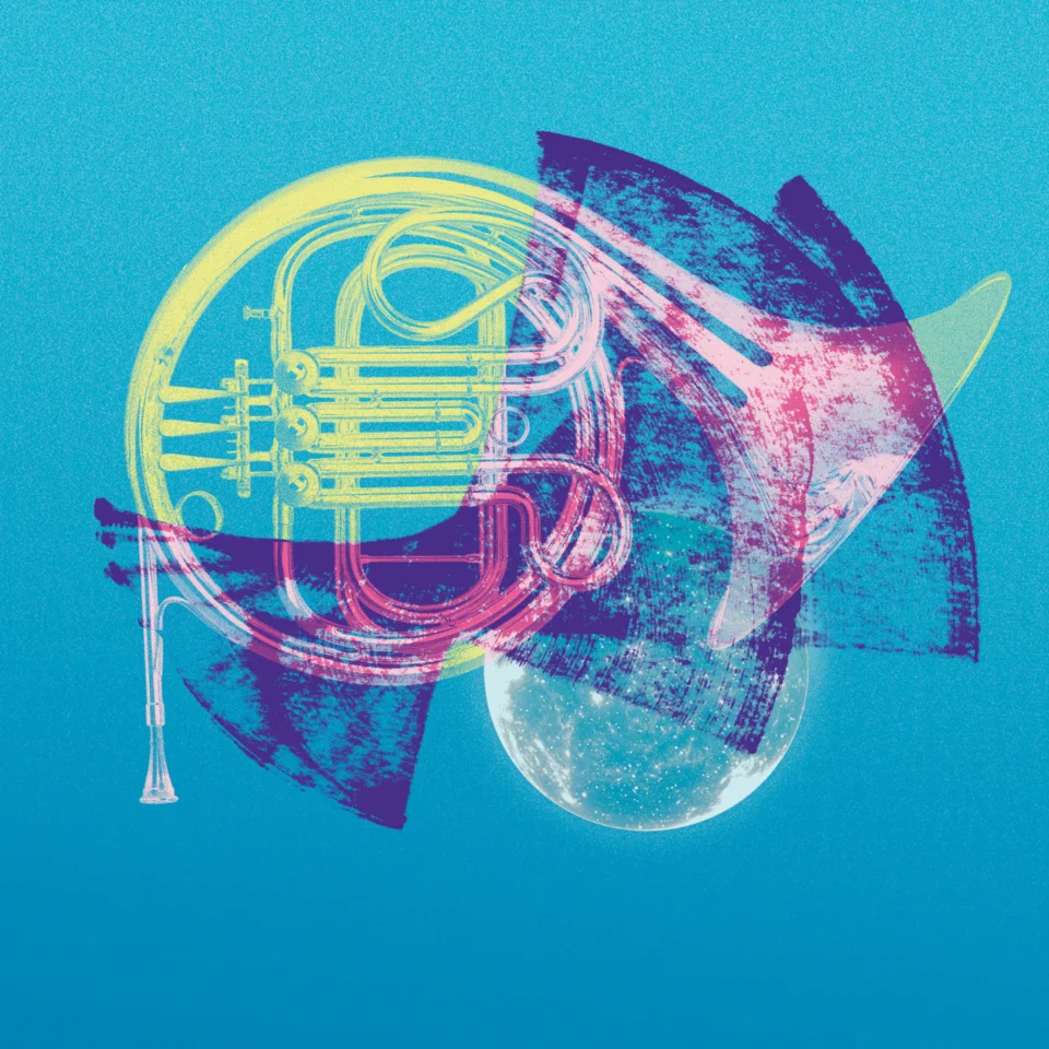 Purple brushstrokes on blue background with illustration of a horn