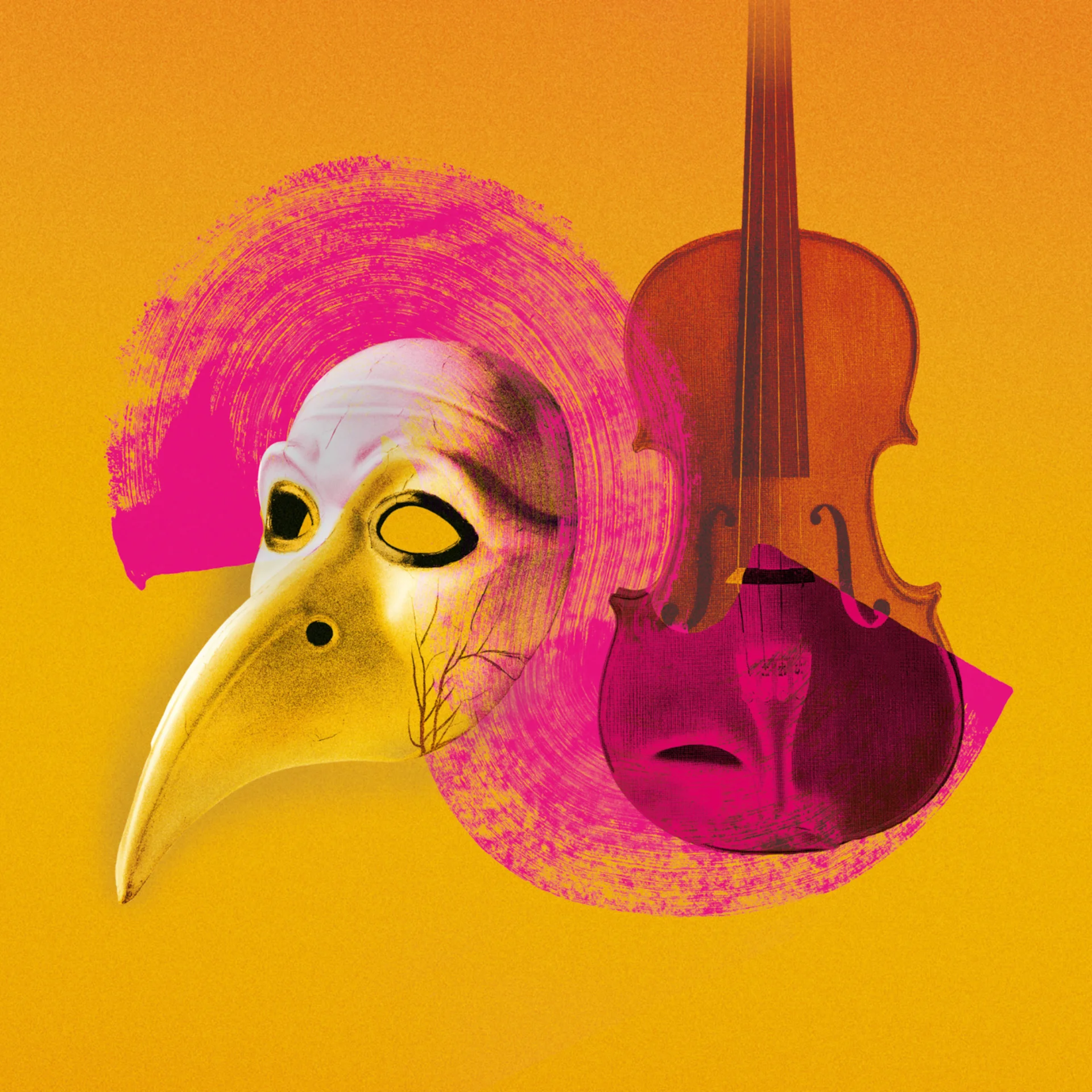 Pink brushstroke on yellow background with image of violin and bird mask