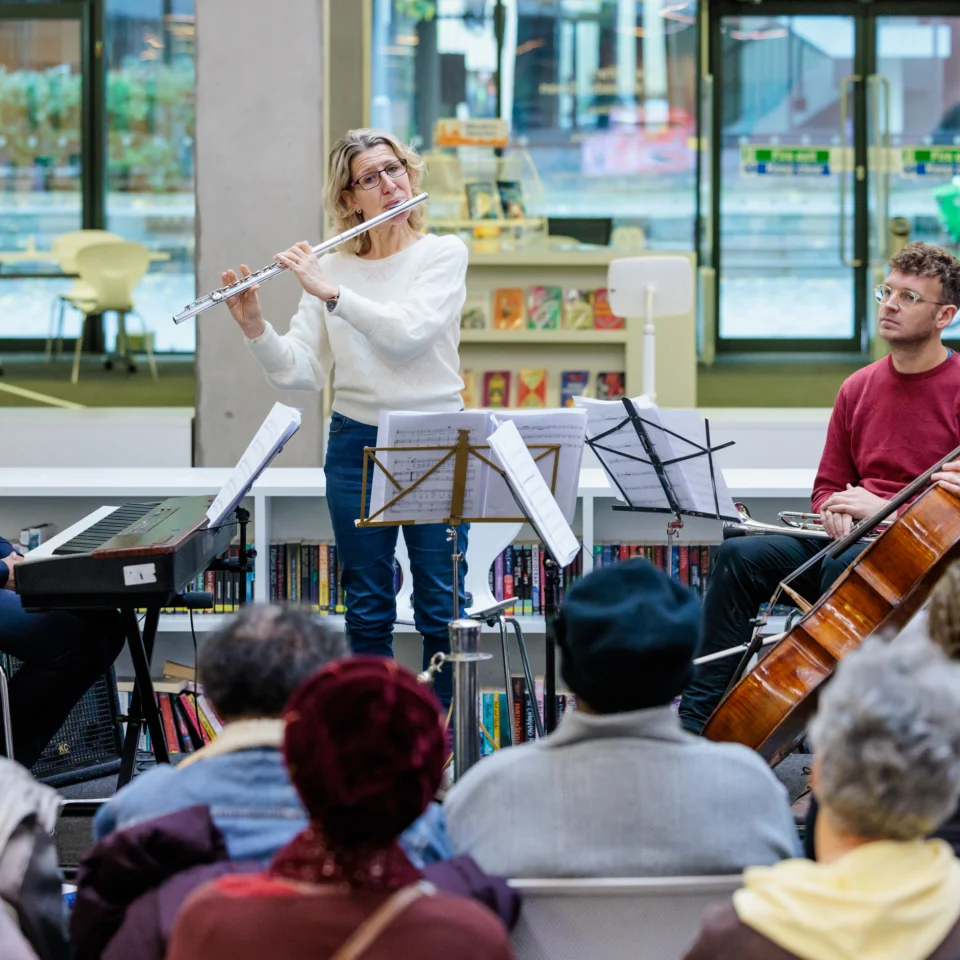 RPO musicians performing at Willesden Green Library.