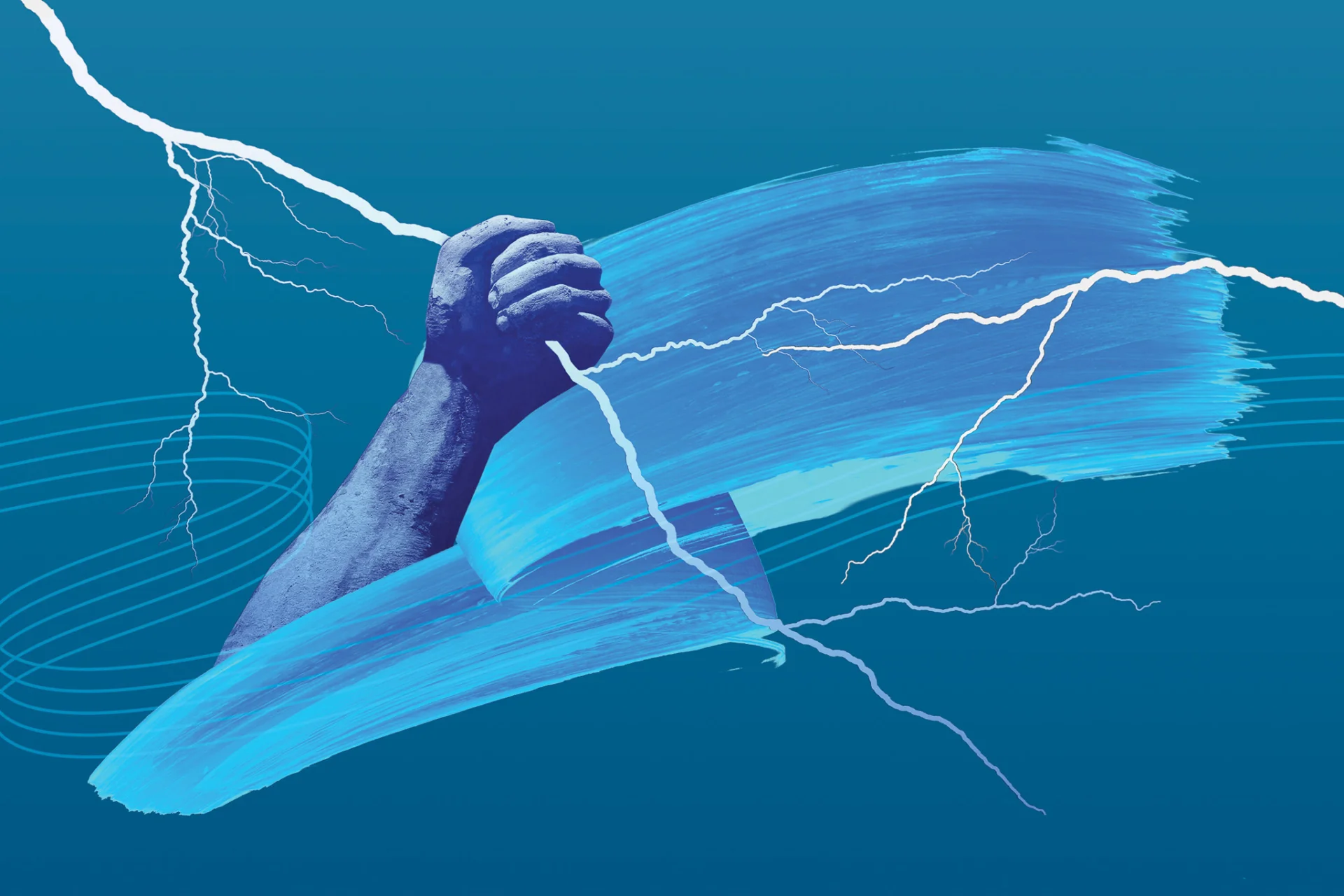 Illustration of a blue hand grabbing a lightning strike over a blue brush stroke background with the RPO logo curving lines.