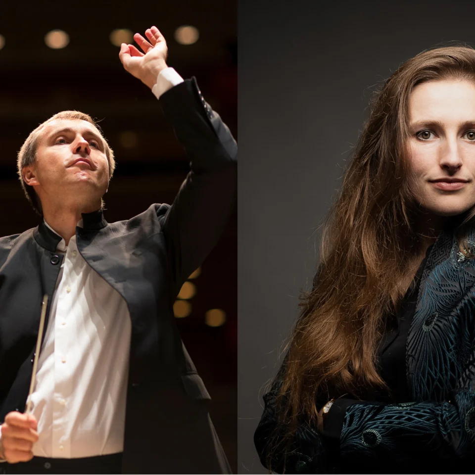 Conductor Vasily Petrenko and Presenter Leah Broad.