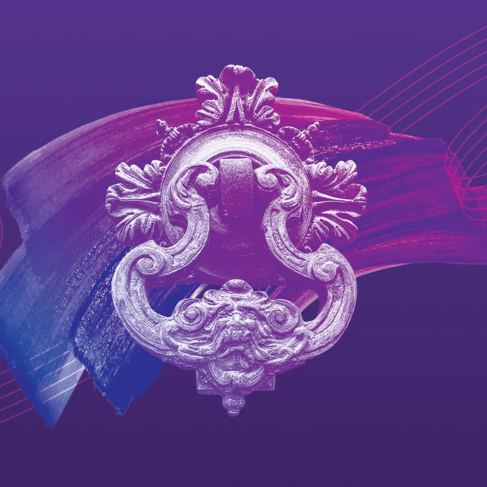 Illustration of a doorknocker over a blue to purple gradient paint stroke. The illustration is on a purple background with the RPO logo curving lines.