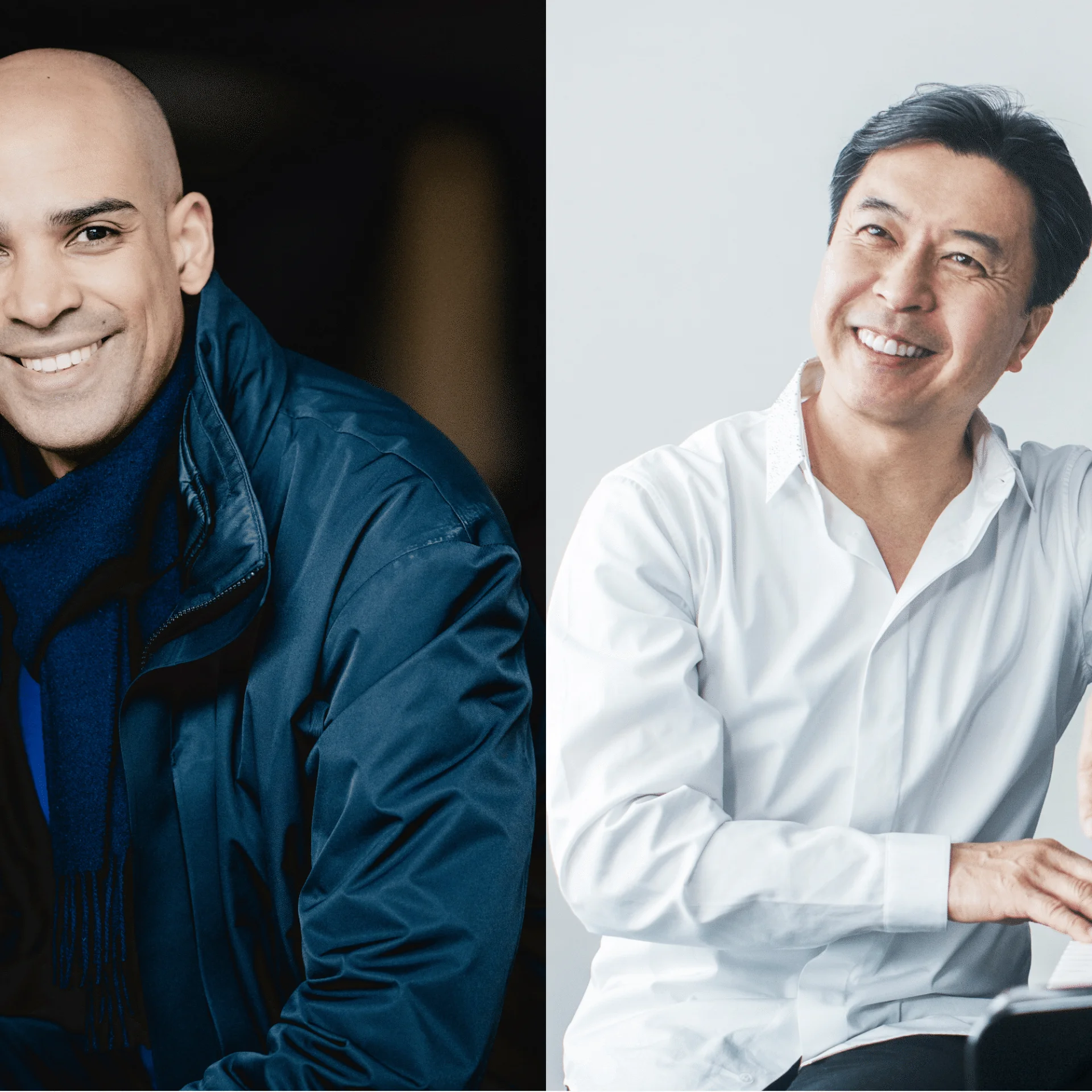 Two juxtaposed photos of tonight's artists: on the left is RPO Conductor-in-Residence, 2025–26, Kevin John Edusei looking happy and relaxed, smiling straight at the camerai; on the right is pianist, Mazoto Ozone, leaning on his piano and smiling up to his right