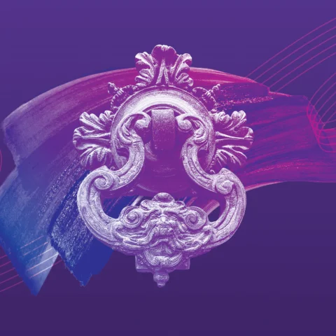 Illustration of a doorknocker over a blue to purple gradient paint stroke. The illustration is on a purple background with the RPO logo curving lines.