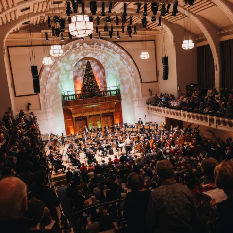 Photograph of Cadogan Hall in concert for Christmas Cracker.