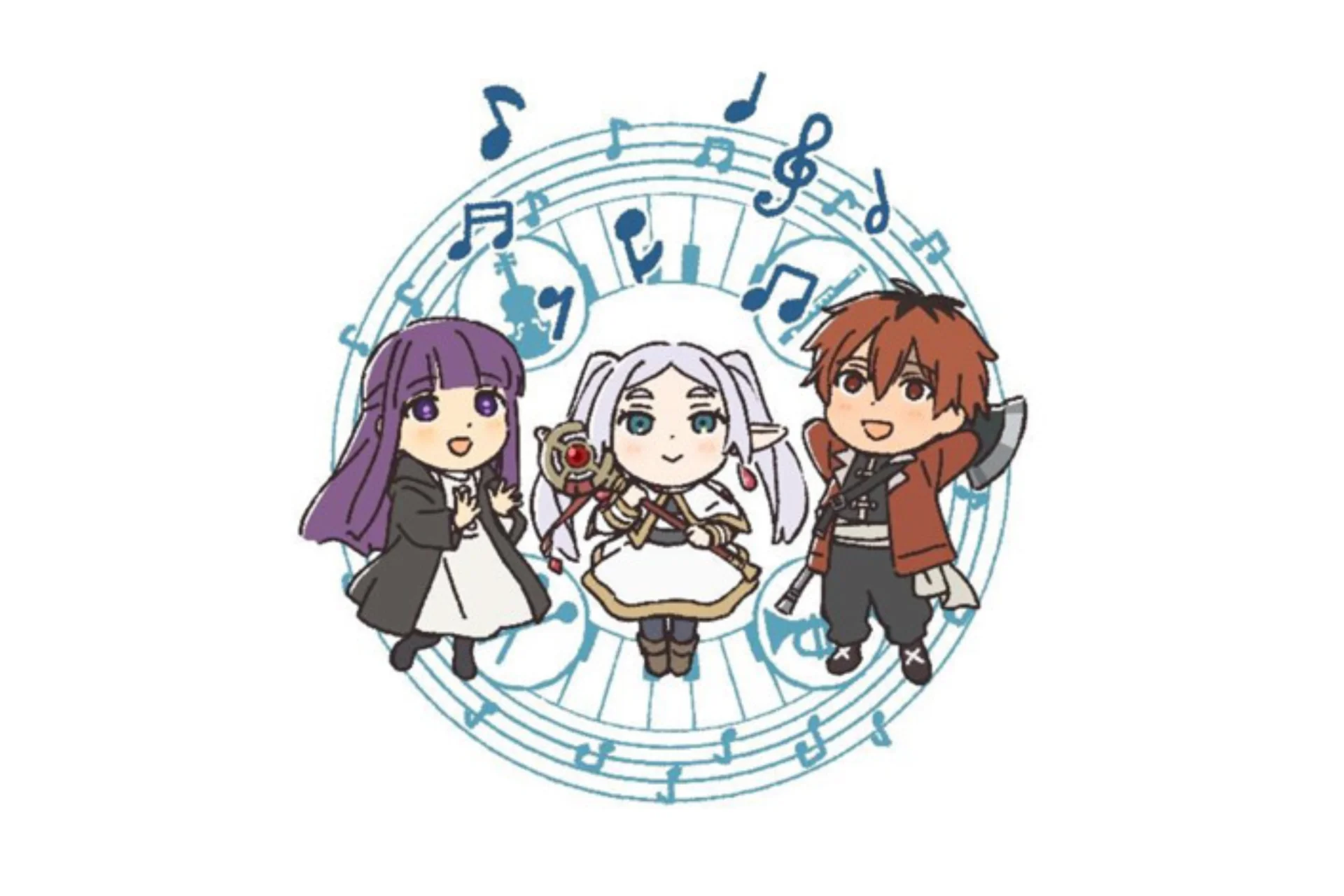 Three characters from Frieren appear in front of a circular ring of musical stave