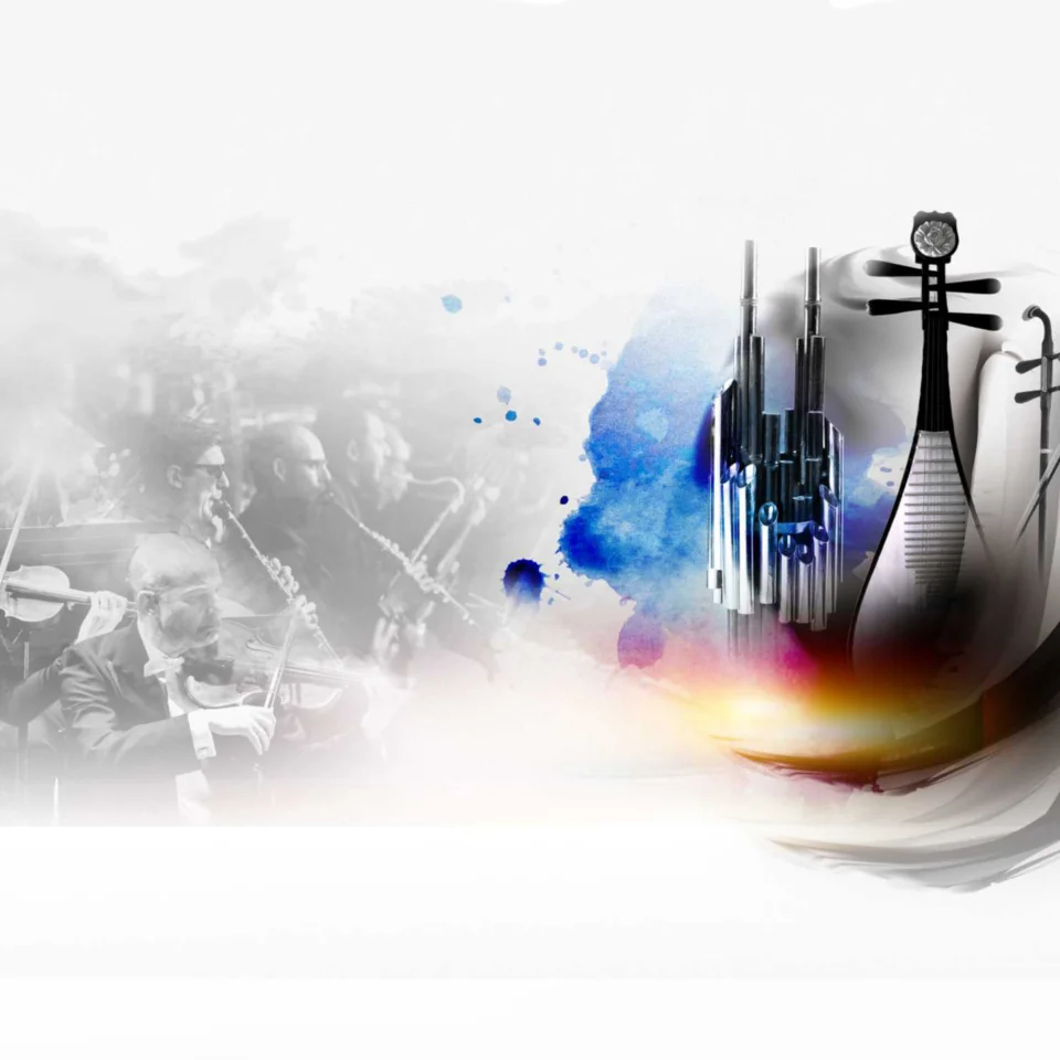 Artwork incorporating a black and white photo of musicians and a violin with traditional Chinese instruments