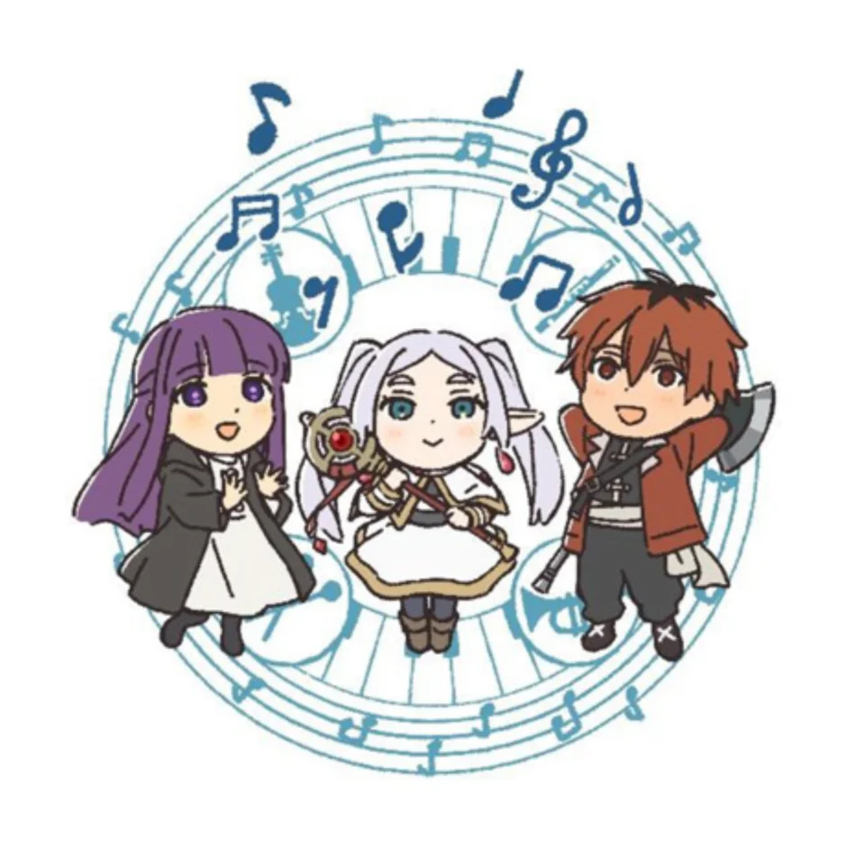 Three characters from Frieren appear in front of a circular ring of musical stave