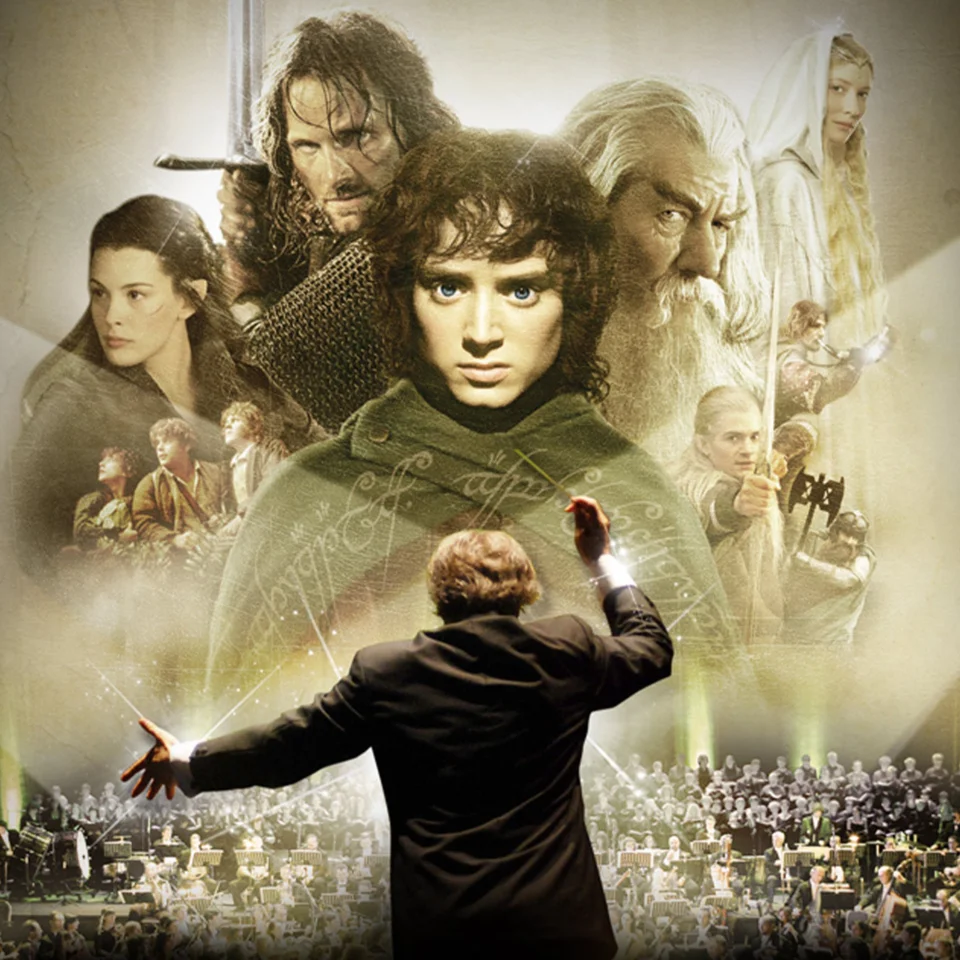 The poster for Lord of the Rings: Fellowship of the Ring with a conductor and orchestra overlaid on top