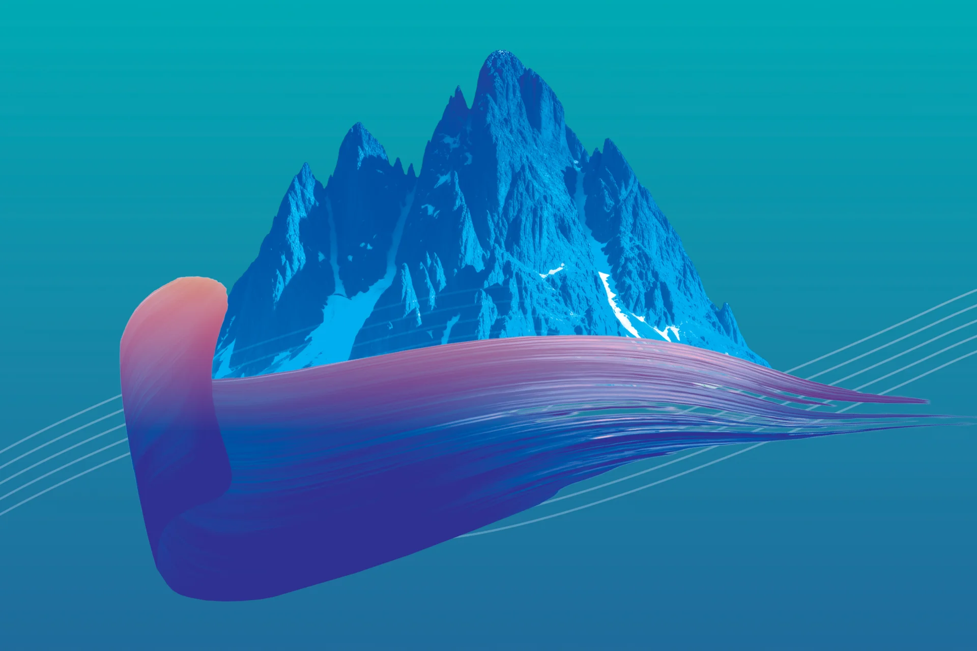 Artwork of snowy mountains and a purple brushstroke