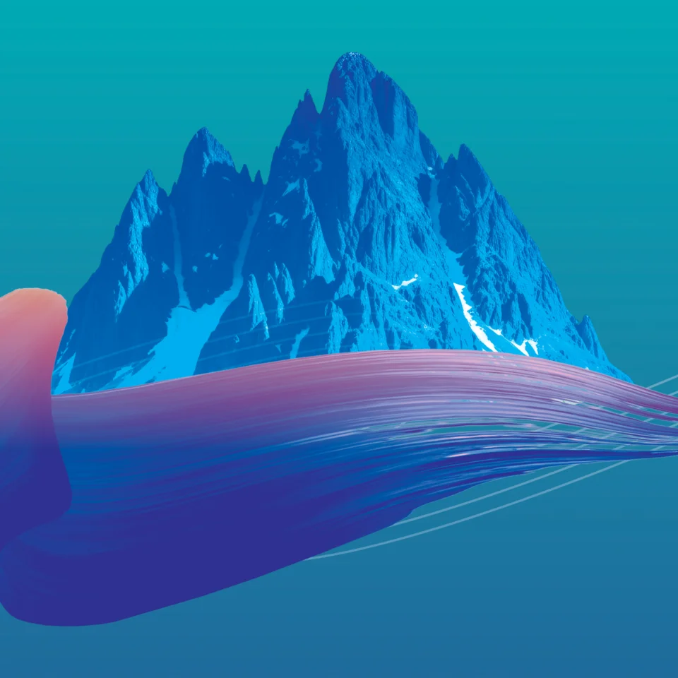 Artwork of snowy mountains and a purple brushstroke