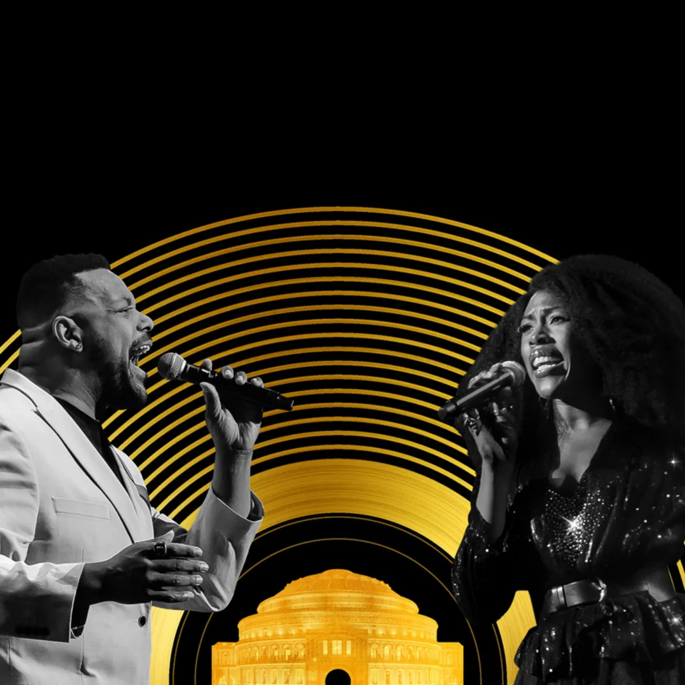 Gold illustration of the Royal Albert Hall within a golden ringed vinyl, overlaid with photographs of vocalists Gloria Onitiri and Trevor Dion Nicholas.